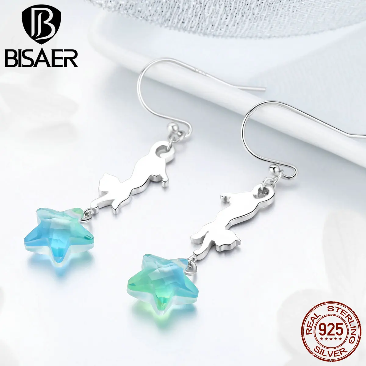 Серьги BISAER с кошкой, 925 пробы, серебро, кот и звезда, кристалл, длинные серьги-гвоздики для женщин, Стерлинговое Серебро, ювелирное изделие ECE473