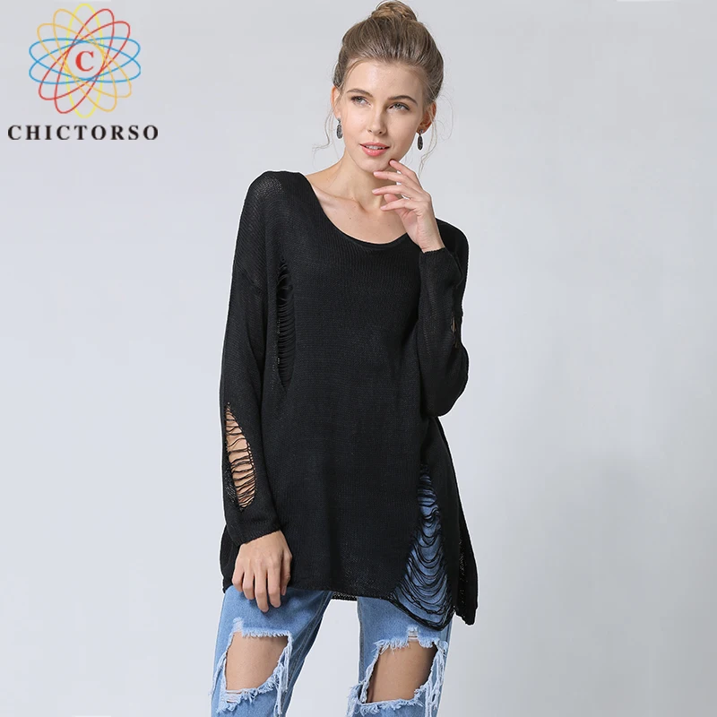 Chictorso Long Sleeve Ripped Jumpers Sexy Women Sweater Pullovers Spring Cut Out Knitted Casual Summer Sweaters Black 2018 New | Женская