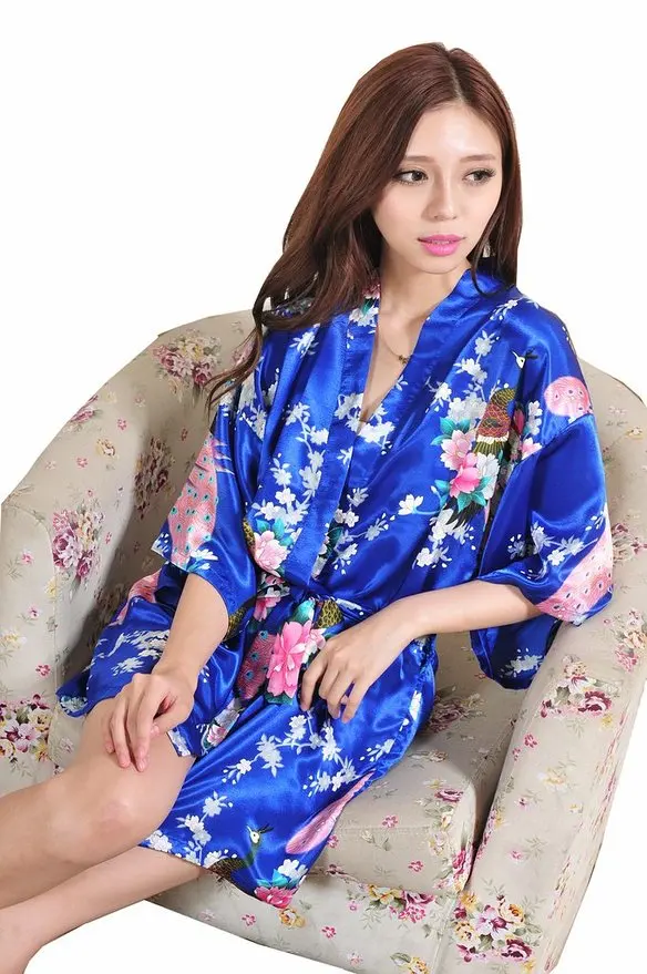 Синий китайский женский Шелковый Мини халат сексуальное кимоно банное платье