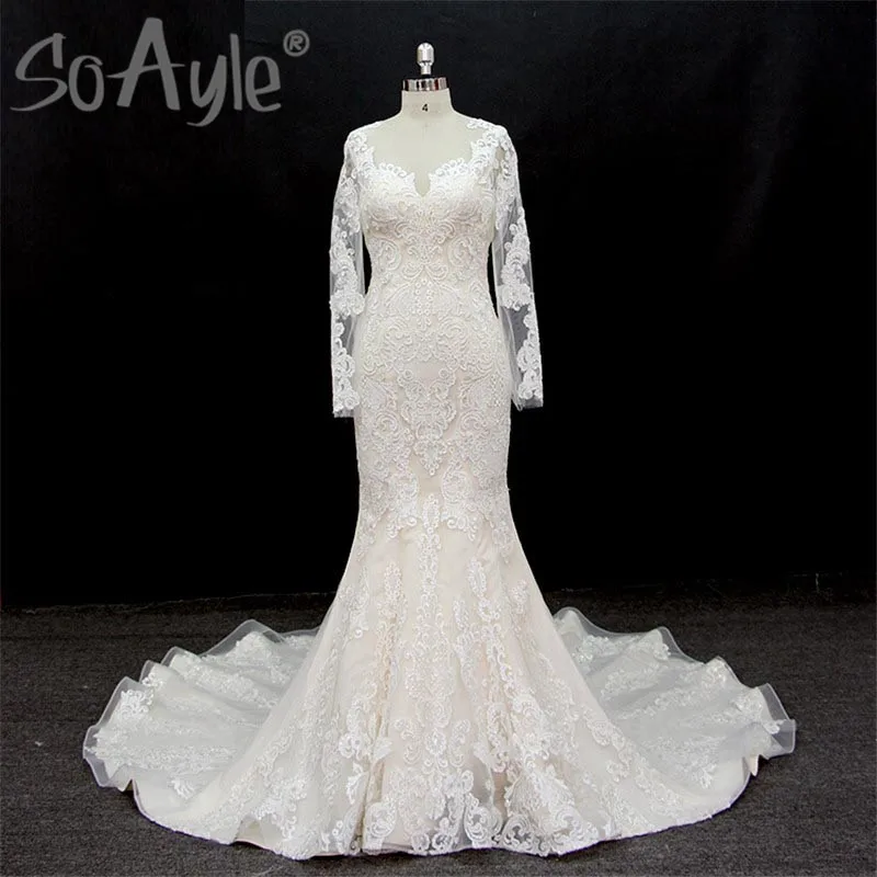 

SoAyle Vestido de Noiva V Neck Sequined Appliques Mermaid Wedding Dresses Lace Pearls long Sleeve Pleat Button Up Wedding Gown