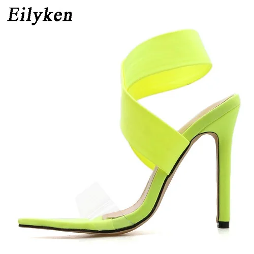 Fluorescent yellow Eilyken/флуоресцентные зеленые женские босоножки с острым носком на высоком каблуке-шпильке; женские босоножки без застежки из эластичной ткани - Цвет: Fluorescent yellow