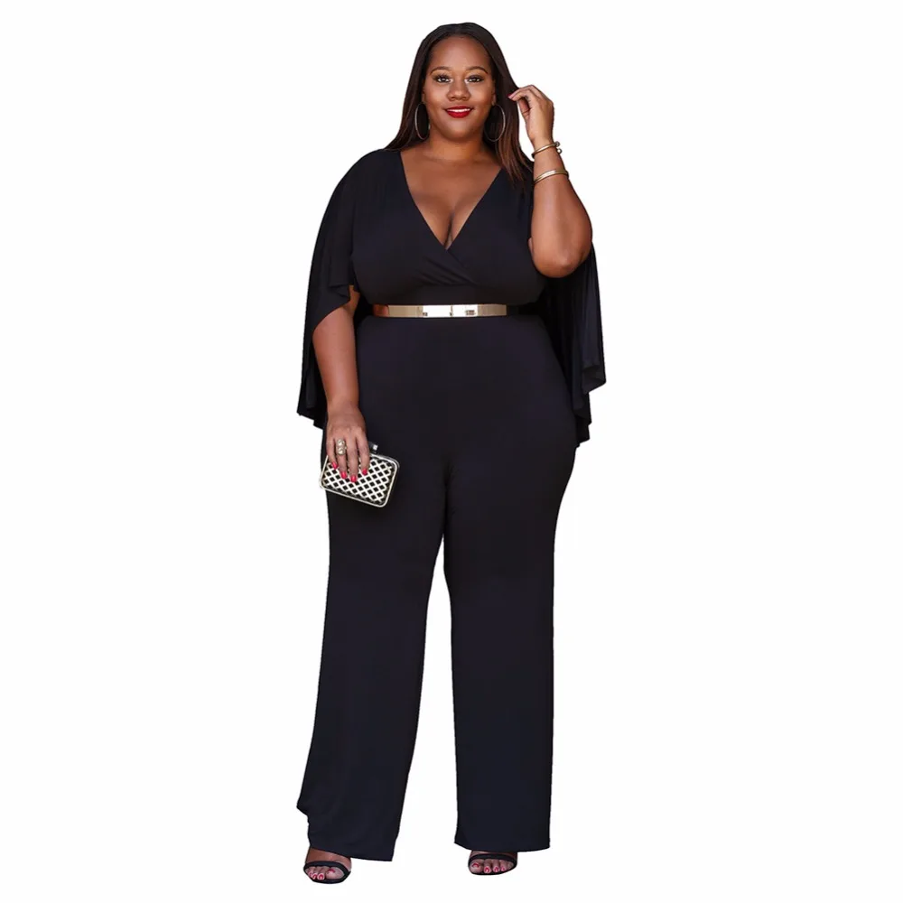 Женский Длинный комбинезон с V образным вырезом размеры до 3XL|belted jumpsuit|black long