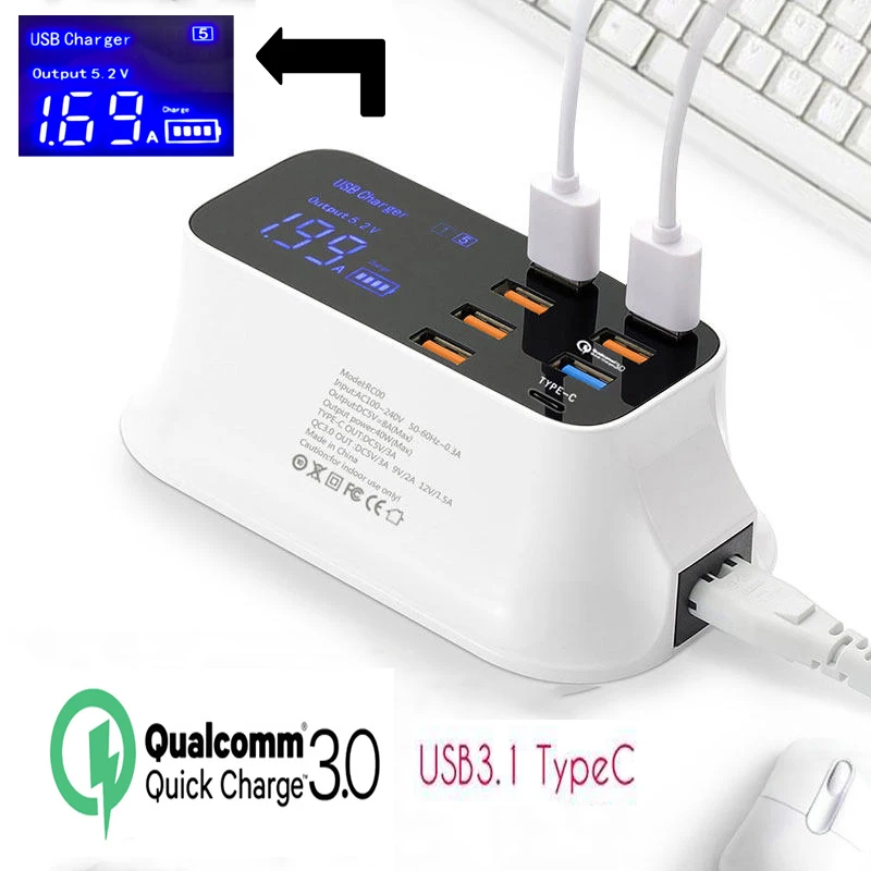 Usb ЗУ для мобильного телефона Quick Charge 3,0 Smart usb type C зарядная станция светодиодный дисплей адаптер питания для быстрой зарядки рабочего стола