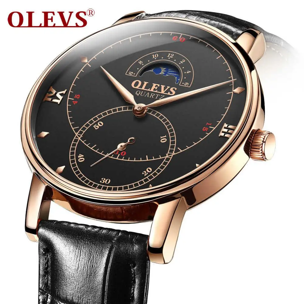 Black Rose Gold 2 Часы мужские роскошные OLEVS черные кожаные Наручные часы для мужчин s розовое золото часы мужские водонепроницаемые Relogio Masculino повседневные мужские часы - Цвет: Black Rose Gold 2