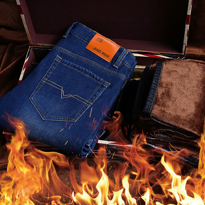 Мужские теплые джинсы Зимние Классические облегающие мужские брюки|Мужские