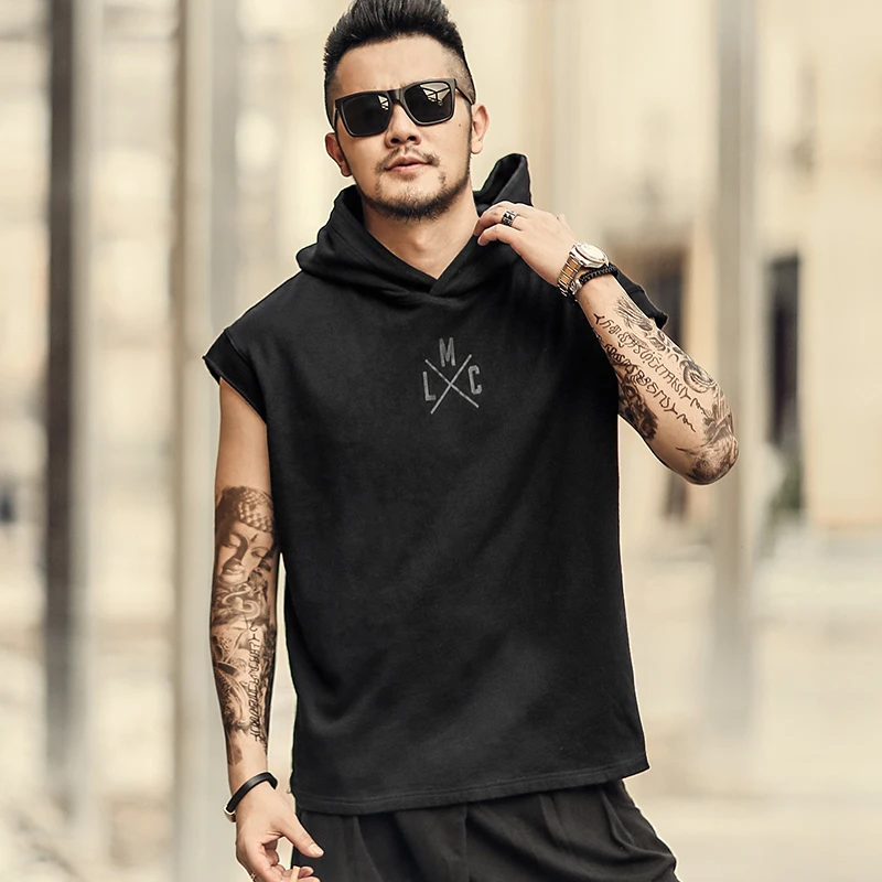 Metrosexual Men new spring summer black sleeveless hip hop Hooded tank tops European style printed letter | Мужская одежда