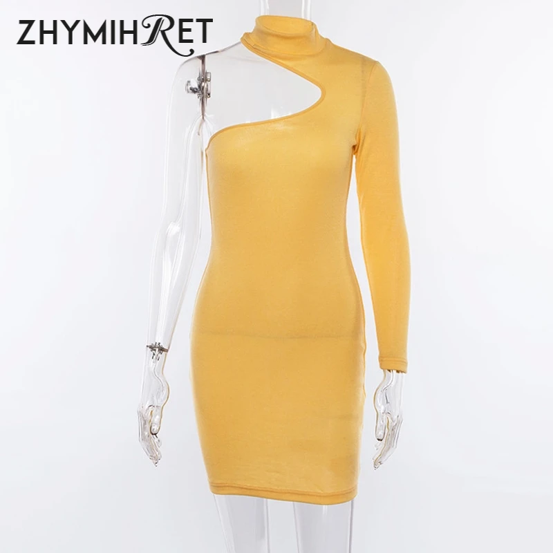 ZHYMIHRET 2018 однотонное желтое Ребристое платье с одним плечом на осень длинным