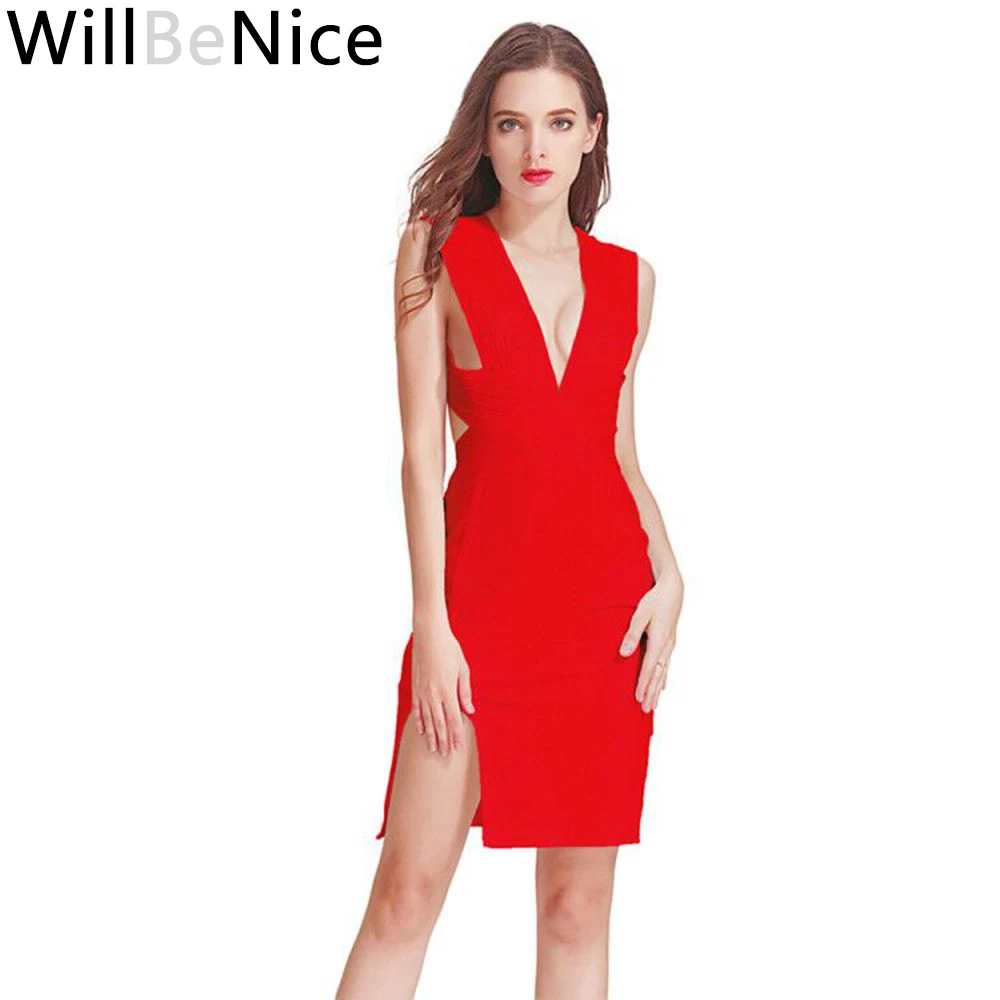 

WillBeNice Red New Arrival 2019 Cheap Women Deep V Neck Open Fork Knee Length Cut Out Sexy Bodycon Bandage Dress Party Celebrity