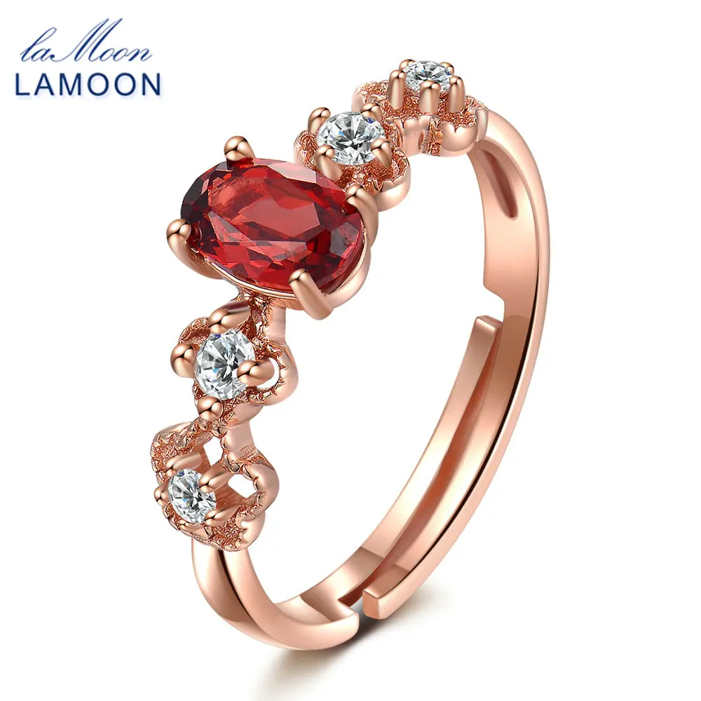 

LAMOON 6*4mm 100% Natural Oval Red Garnet 925 Sterling Silver Jewelry Wedding Ring with S925 For Women LMRI045