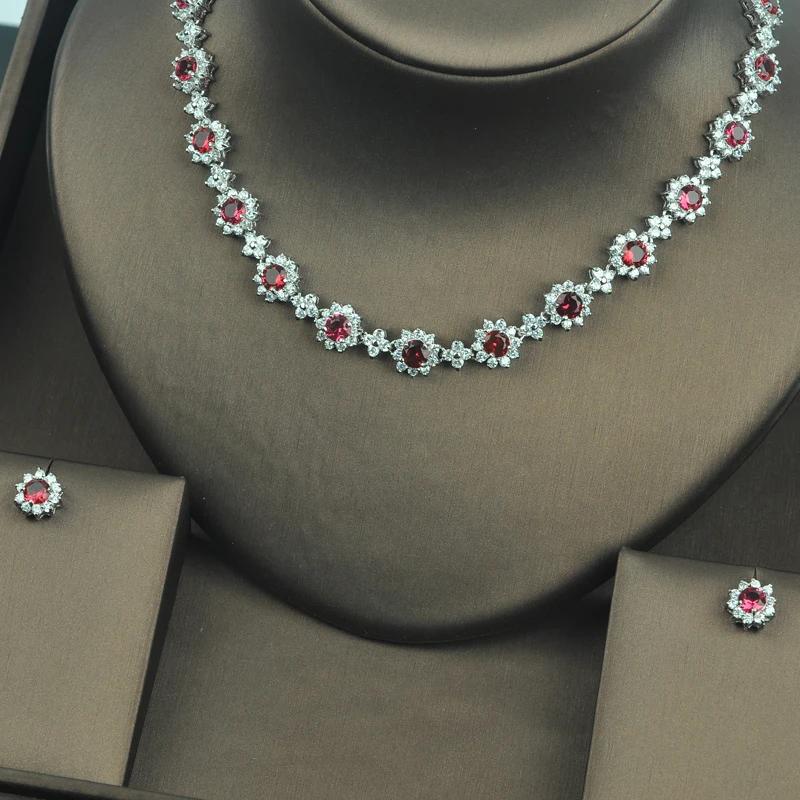 HIBRIDE Elegant Flower Red Cubic Zirconia Earring Necklace Jewelry Sets For Women Bridal Dress Accessories Set Gifts N-329 | Украшения и
