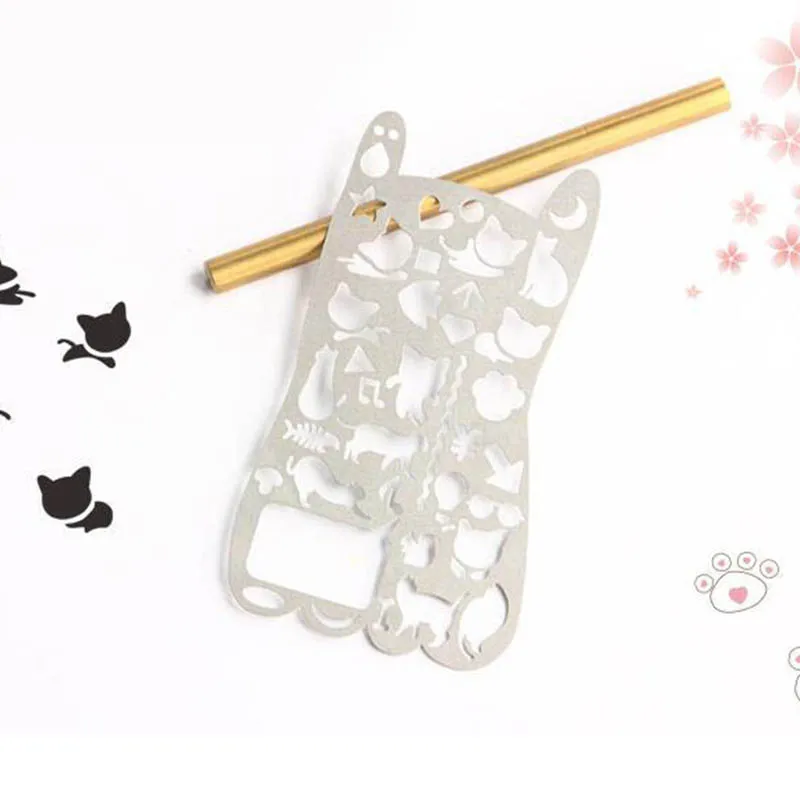 

6pcs/lot Hollow-out Cat Metal Stencil Ruler for Kids Drawing , Kawaii Cat Stainless Steel Spirograph Ruler