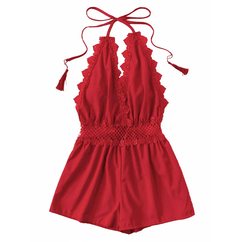ROMWE Red Lace Trim Sexy V Neck Backless Fringe Halter Rompers Women Open Back Mid Waist Short Straight Leg Summer Playsuits