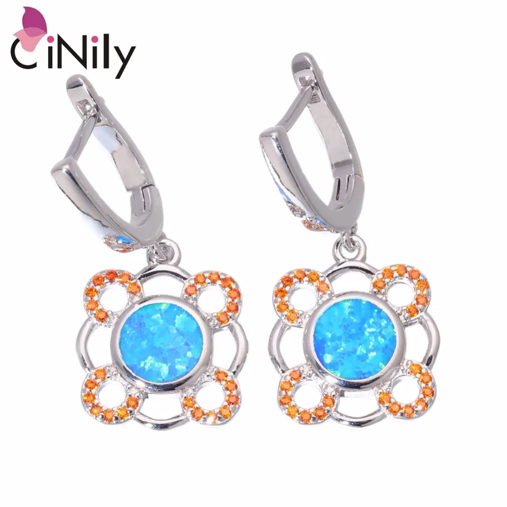 

CiNily Created Blue Orange Fire Opal Orange Garnet Silver Plated Wholesale for Women Jewelry Drop Earrings 1 1/8" OH4438-39
