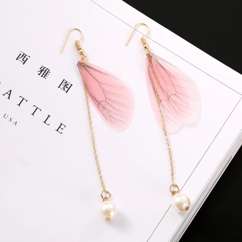 Elegant Korean Pink Butterfly Wings Drop Earrings Imitation Pearl Long Tassel For Women Jewelry Statement | Украшения и