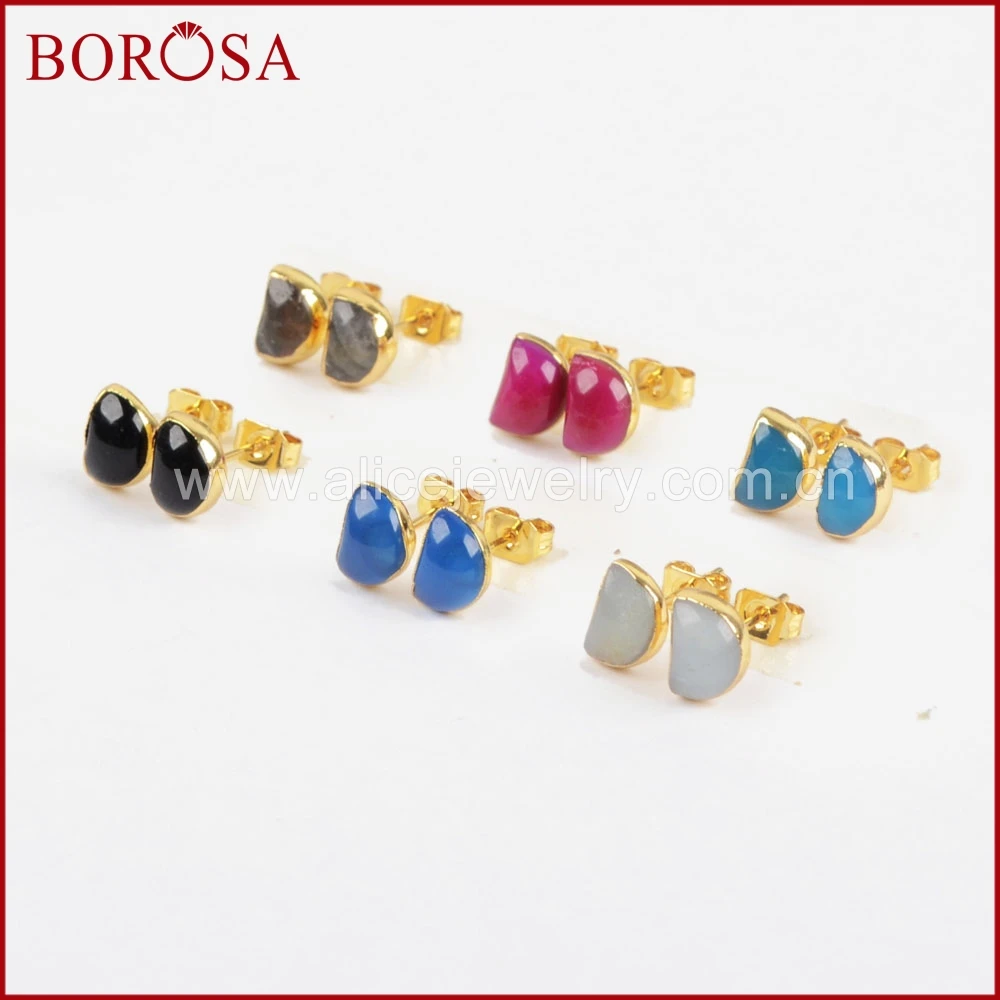 BOROSA Fashion Moon Shape Multi-kind Stone Faceted Stud Earrings 1pair Gold Color Crescent Druzy for Women G1297 | Украшения и
