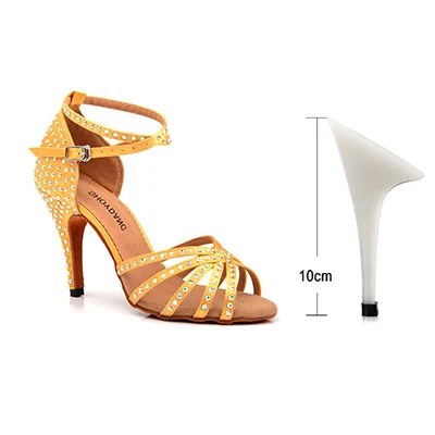 Yellow 10cm SHOYDANC/атласная обувь для латинских танцев желтого и синего цвета; женская обувь для бальных танцев со стразами; вечерние танцевальные босоножки для сальсы; обувь на каблуке 10 см - Цвет: Yellow 10cm