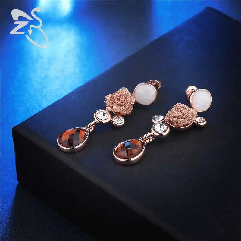 ZS Crystal Drop Earrings Jewelry Flower for Women Vintage Rose Gold Dangle Earring Glass Stone boucle d'oreille femelle | Украшения и