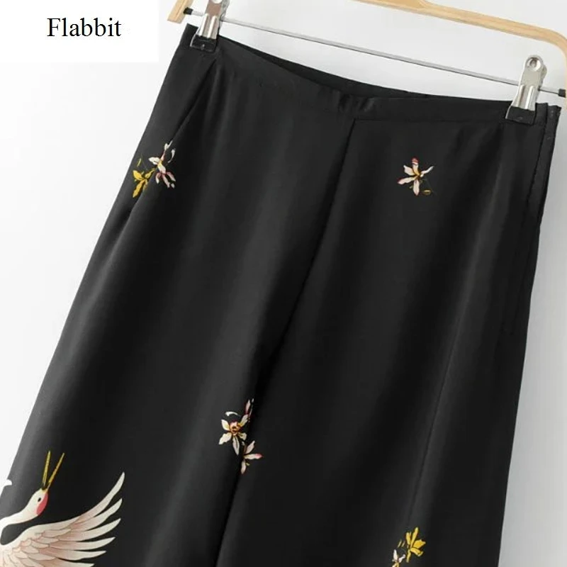 Flabbit, женские винтажные брюки-кимоно с принтом Журавля, женские весенние повседневные уличные модные широкие брюки, брюки mujer P002