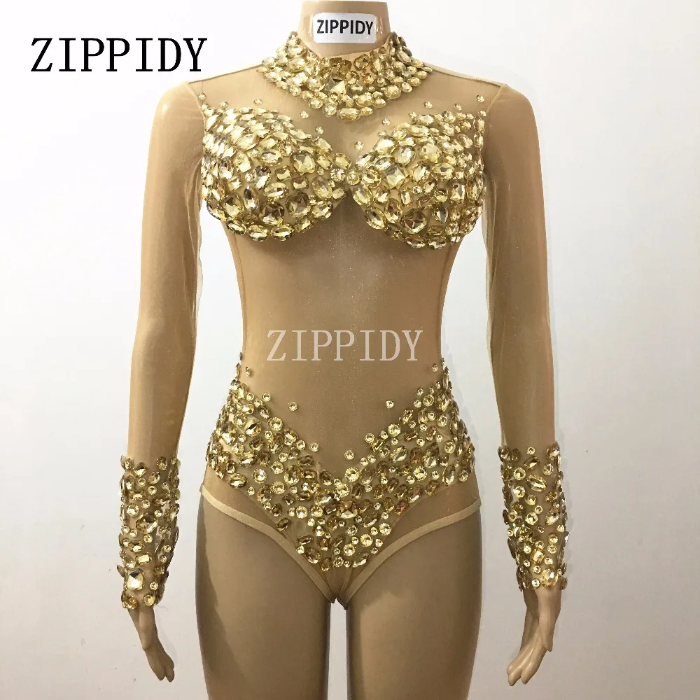 New Style Sparkly Big Stones Rhinestones Perspective Mash Bodysuit Costume Nightclub Party One-piece Leotard Dj Outfit Costumes
