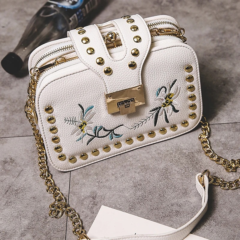 Цветок вышитые сумки женские заклепки Crossbody сумка Роскошные Дизайнерские