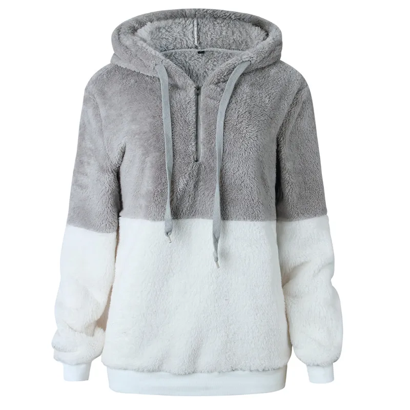light gray Nadafair, искусственный Пушистый Плюшевый свитер с капюшоном, Женский пуловер на шнурке из искусственного меха, джемпер, женский свитер на молнии, Осень-зима - Цвет: light gray
