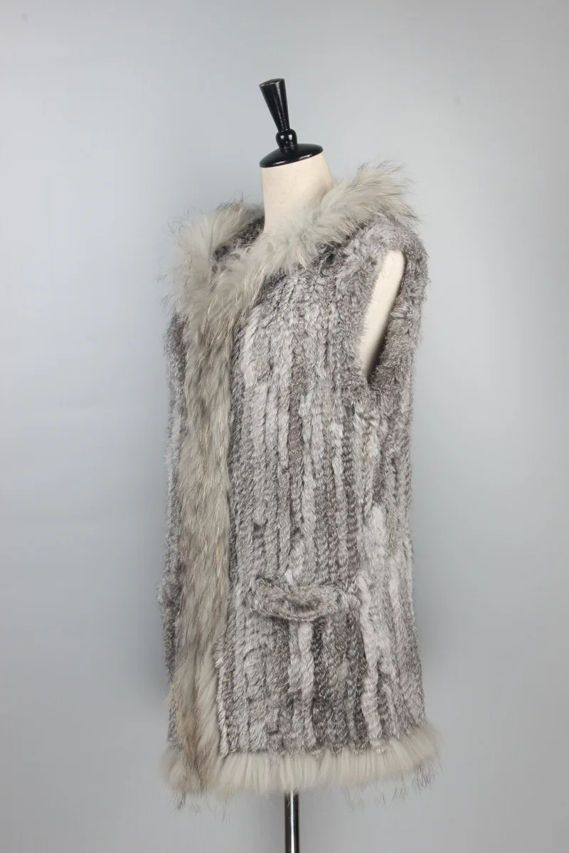 Женский жилет с капюшоном зимняя безрукавка из натурального кроличьего меха