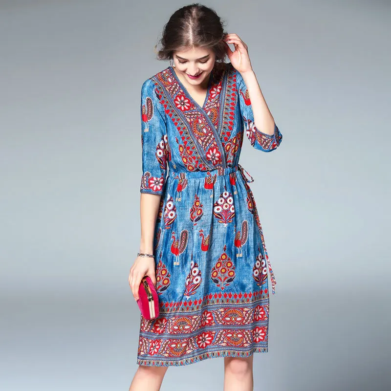 Высокое качество 100% шелковое платье женское с принтом Платья v-образным вырезом