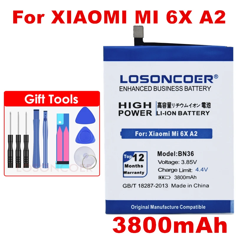 LOSONCOER 3800 мАч BN36 батареи для Xiaomi mi A2 mi A2 mi 6X mi 6X батареи мобильного телефона+ номер отслеживания