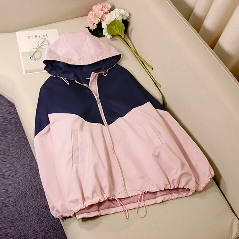 Женские свободные пальто Harajuku модные Лоскутные повседневные куртки с капюшоном