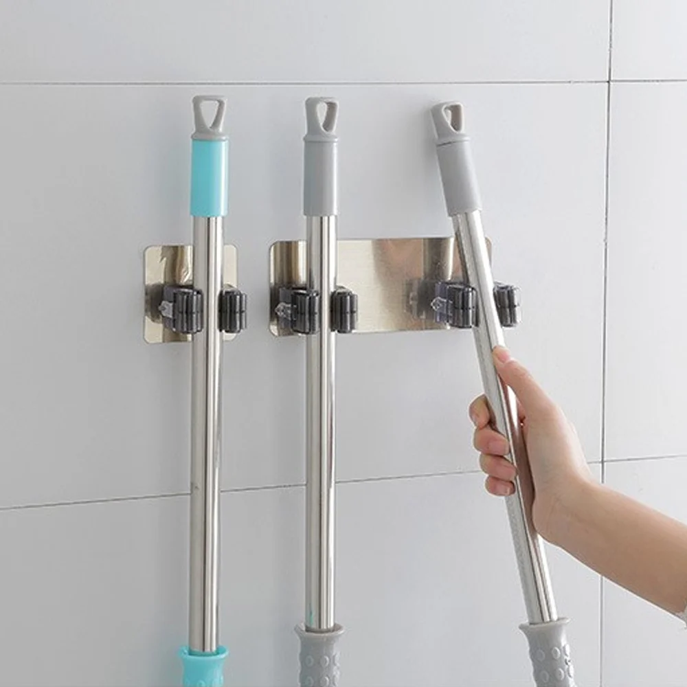 Pawaca Kitchen Mop Broom Holder Wall Mounted Storage Rack Adhesive Wheel Bathroom Hooks Tools | Дом и сад
