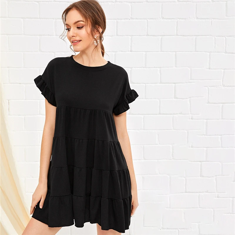 SHEIN черное однотонное платье с рюшами, женское летнее платье с круглым вырезом и высокой талией, Дамское короткое платье, свободное милое платье трапециевидной формы