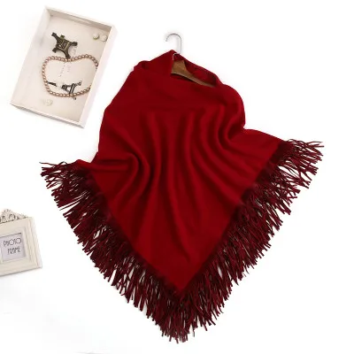 wine red Корейские осенне-зимние женские свитера и пуловеры с асимметричным воротником, с рукавом «летучая мышь», пончо и накидки с кисточками - Цвет: wine red