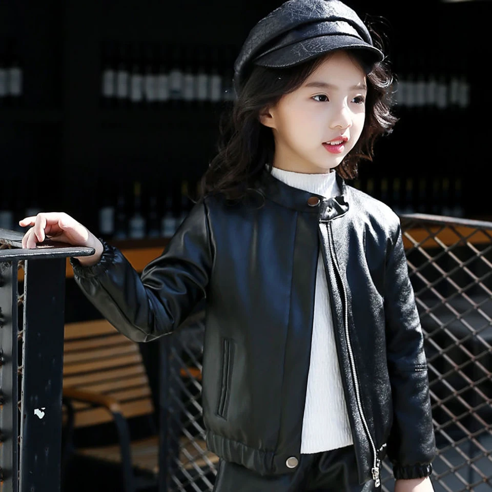 Модная осенняя куртка из искусственной кожи для девочек крутая верхняя одежда на