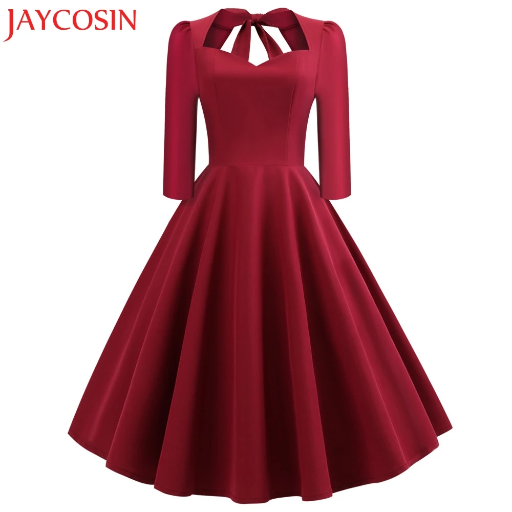 Новинка женское однотонное винтажное платье с v образным вырезом открытой спиной