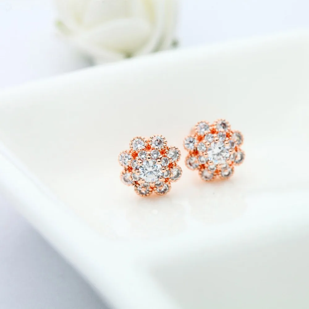 Розовое золото Цвет Циркон Хрустальный цветок серьги стержня милые модные уха
