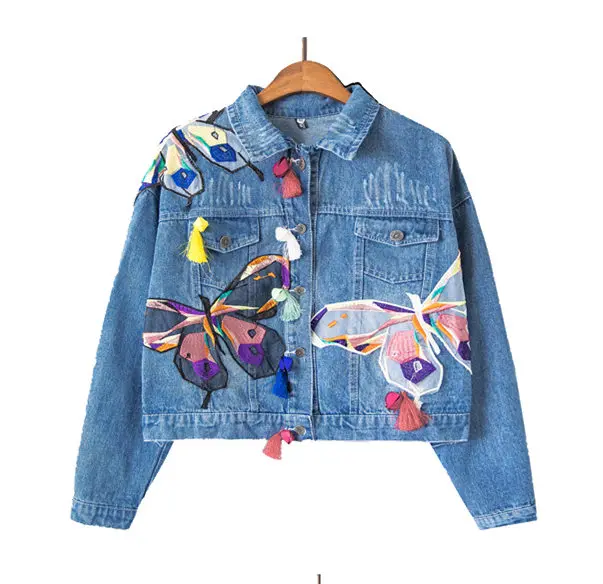Light Blue Женские укороченные джинсовые куртки с разноцветной вышивкой бабочки, дизайнерские женские джинсовые пальто с кисточками, короткие куртки C75901J - Цвет: Light Blue