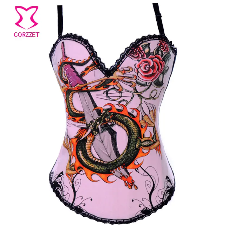 

Sword and Dragon Pattern Pink Gothic Corset Sexy Overbust Corselete Feminino Espartilhos Korsett For Women Push Up Bustier Top