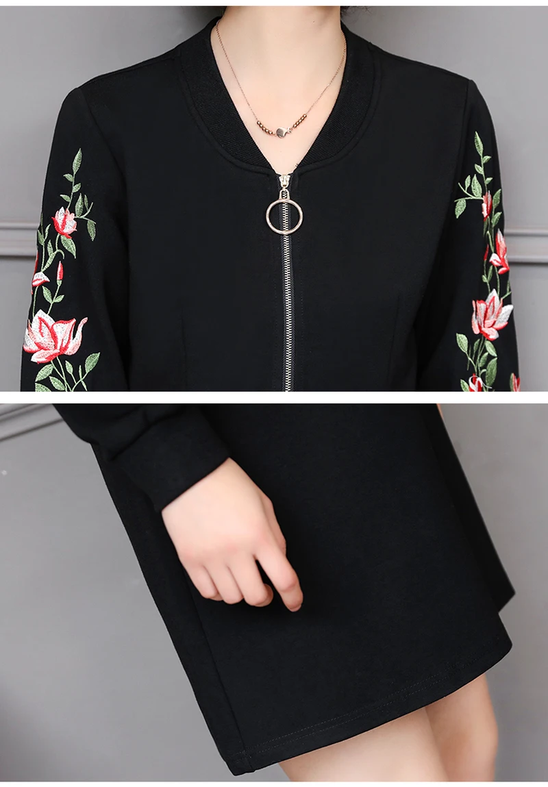 2020 Spring Fashion Flower Embroidery Large Size A-line Dress Womens Zipper Slim Long Sleeve Sexy V-neck Mini | Женская одежда