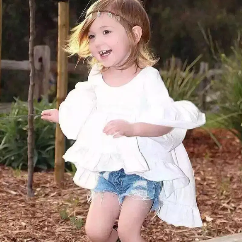 2016 девушки малышей одежда фея стиль морщин оборками три четверти рукавами