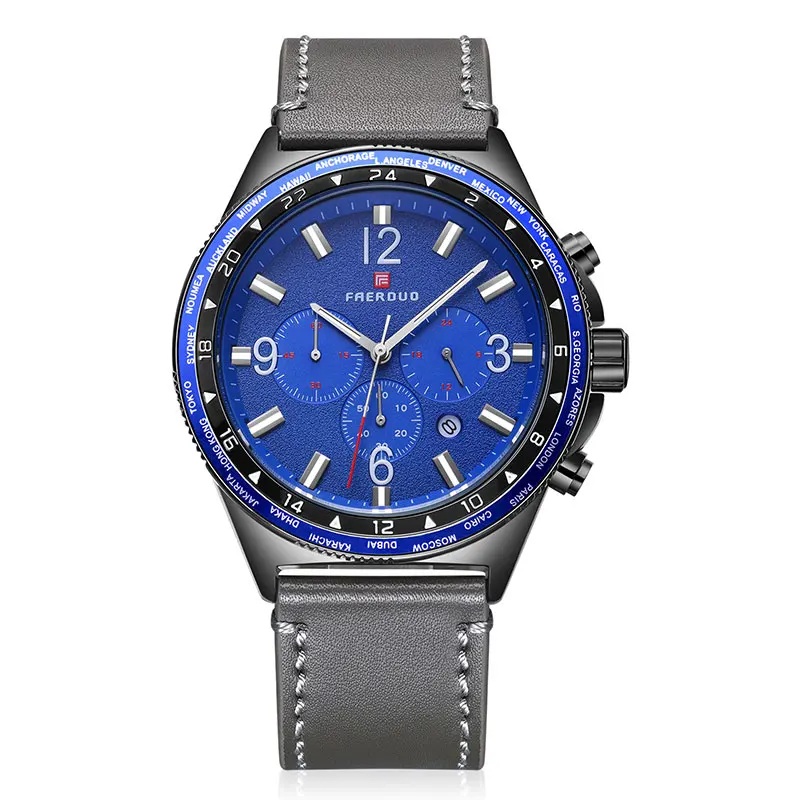 New Blue Casual Leather Fashion Quartz Gray Watch Mens Watches Top Brand Luxury Waterproof Clock Relogio Masculino