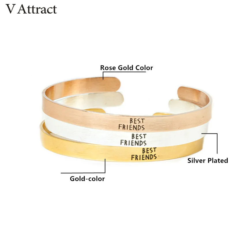 V Attract Friendship Jewelry Stainless Steel Gold Silver Simple Best Friend Letter Cuff Bracelets For Women And Men | Украшения и