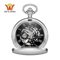 new hot brand ouyawei brand mechanical hand wind pocket watch silver black stainless steel case water resistant hombre watch men