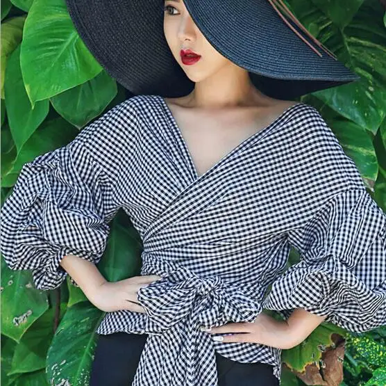 White Blouse 2019 Runway Designer Style Women's Lantern Sleeve Blusas V-neck Bow Loose Top Shirt Plus Size Women Clothing Y24 |