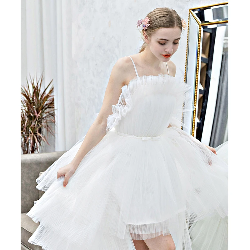 Женское свадебное платье со шлейфом SSYfashion белое короткое Кружевное с открытой