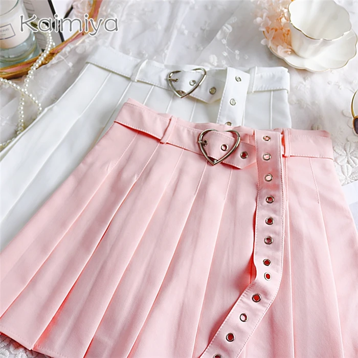 New Summer Women Pleated Skirt High Waisted Heart Shape Sashes Women Pleated Short Skirt High Quality