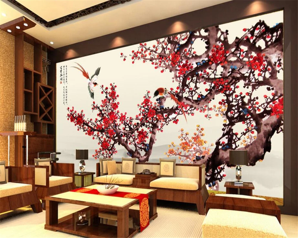 

Beibehang Custom wallpaper living room bedroom murals magpie plum hand painted TV backdrop decorative painting wall 3d wallpaper