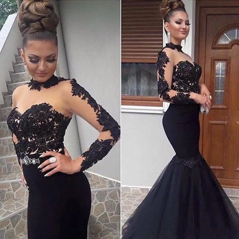 

Black Formal Party Dresses 2020 See Through Mermaid Long Prom Gowns Robe De Soiree Appliques Long Sleeve Pageant Evening Gowns
