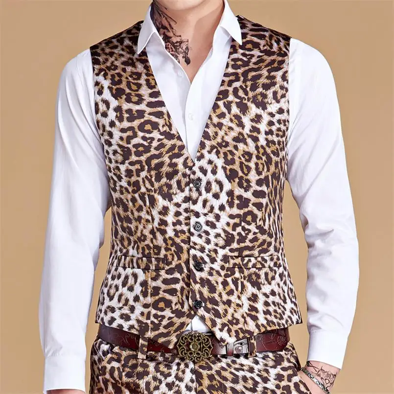 leopard print Мужской жилет с принтом модный певец бальный жилет Повседневное платье облегающий жилет Свадебная Праздничная Деловая одежда - Цвет: leopard print