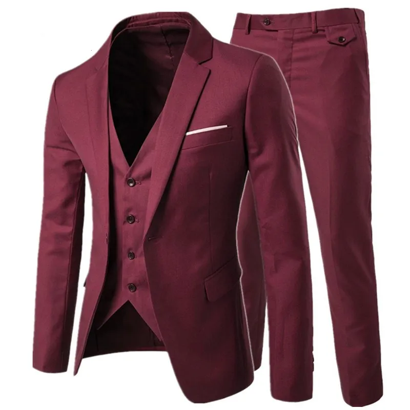 wine Red 3 pieces Роскошный мужской костюм из 3 предметов, мужской свадебный тонкий повседневный деловой мужской костюм, Большой размер, Мужская праздничная одежда, платье жениха, S-6XL - Цвет: wine Red 3 pieces