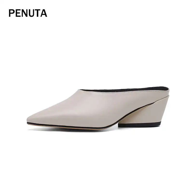Beige PENUTA/женские тапочки из натуральной кожи; модные женские туфли без задника с острым носком и потертостями; обувь на среднем каблуке; женская обувь; размеры 34-39; PT915 - Цвет: Beige